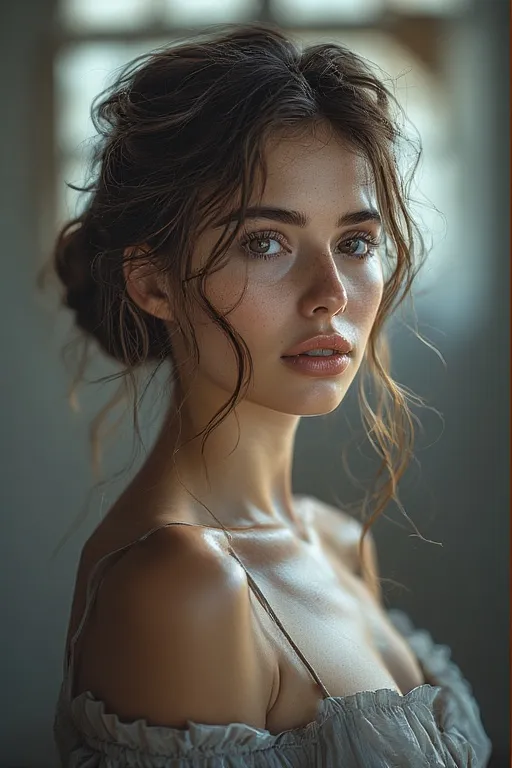 Messy bun hairstyle with romantic strands for effortless everyday glam.