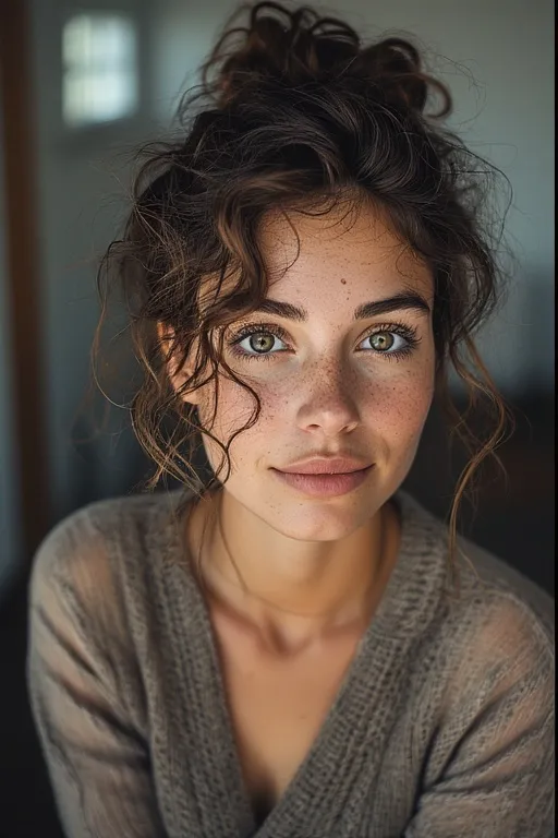 Effortless messy curly bun for a relaxed, stylish appearance.