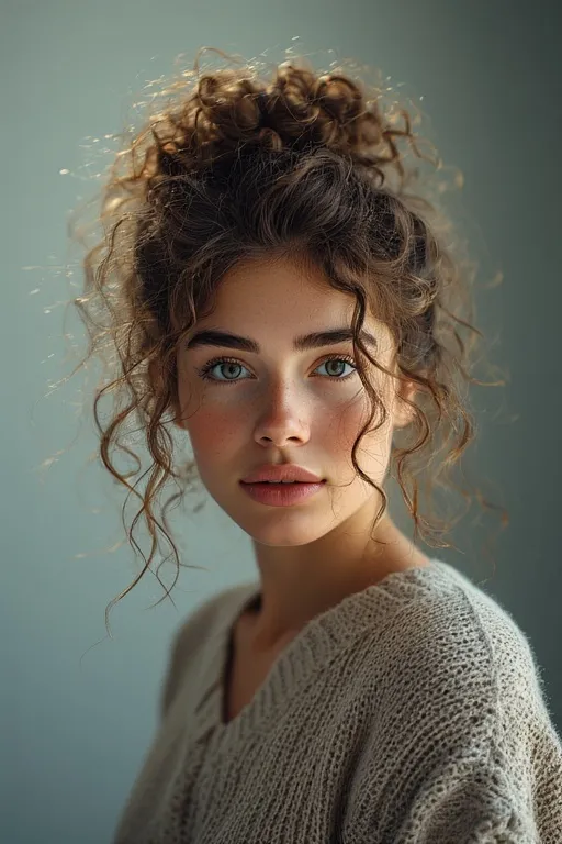 Trendy curly hairstyles for every occasion 9 Woman with messy curly bun hairstyle featuring loose curls around her face.