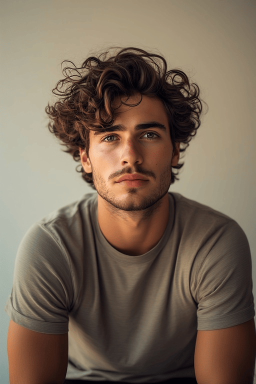 Trendy-Curly-Haircuts-For-Men 9 Man with messy curly hairstyle showing natural movement and volume.