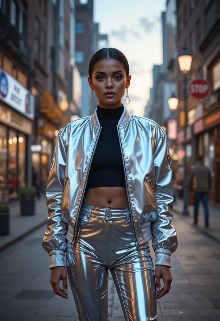 Street Style 2025: The Ultimate Guide to Modern Urban Fashion 2 Model wearing silver and chrome-toned outfit reflecting city lights, representing 2025’s metallic street style trend.