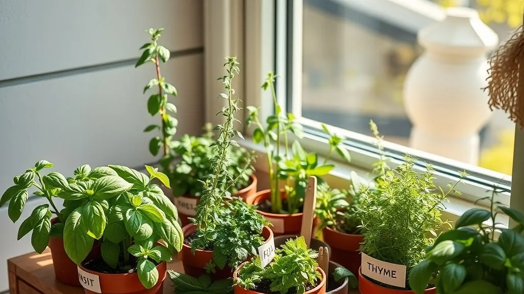 Mini herb garden with labeled pots of fresh herbs in natural light.