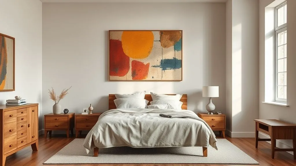 Stylish Mid-Century Modern Bedroom Ideas 8 Bedroom with minimalist abstract artwork and mid-century wooden furniture.