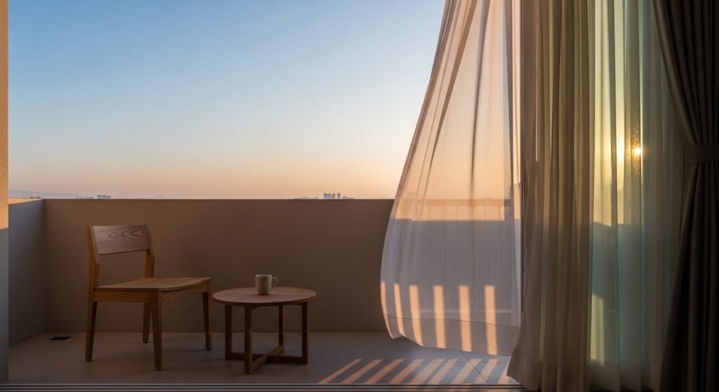 16 Stylish Balcony Ideas to Elevate Your Home Design 2 Minimalist balcony with wooden furniture and soft white curtains at sunrise.