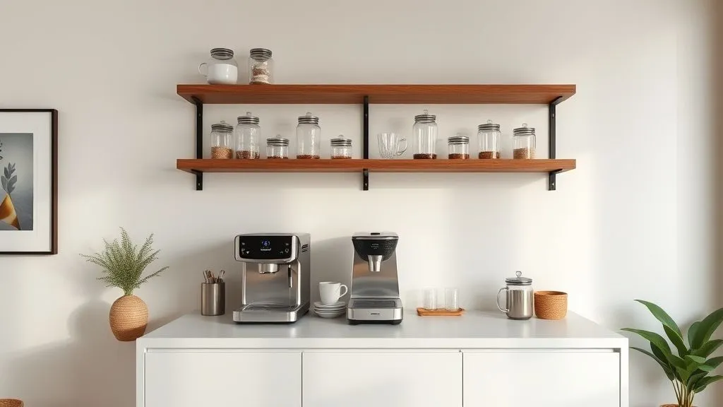 Cozy Coffee Bar Ideas for Every Home 2 Minimalist coffee bar with floating shelves, espresso machine, and soft lighting for a clean, modern home design.