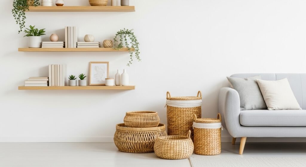 16 Affordable Cozy Home Decor for Modern Interiors 14 Tidy modern living room with neutral palette and organized storage baskets.