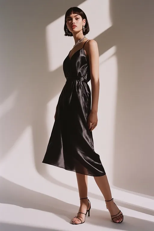 Luxurious all-black satin slip dress styled with minimal silver accessories for an elegant evening look.