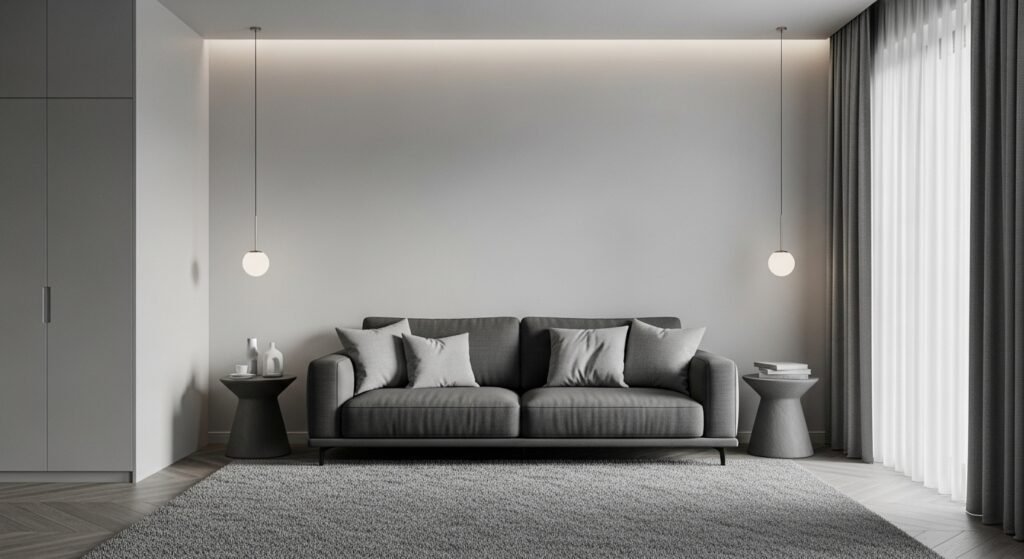 Cozy Home Interiors for Comfort and Timeless Charm 11 A cozy gray-toned living room with soft lighting and minimalist modern design.