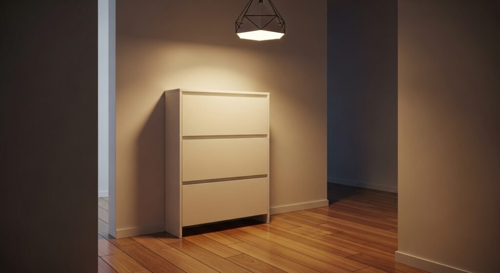 Shoe Storage Ideas for a Stylish and Organized Home 13 Narrow hallway cabinet with hidden pull-out drawers for shoe organization.