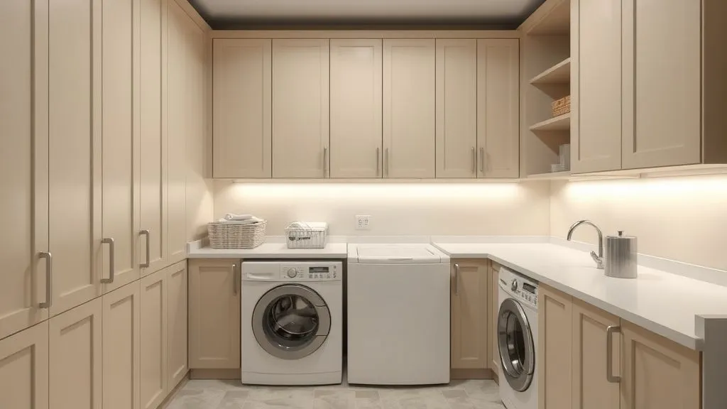 Minimalist laundry room with neutral tones and clean lines.