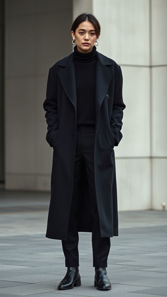 Elegant All Black Outfit Trends 10 Layered all-black minimalist outfit with long coat, sweater, and trousers