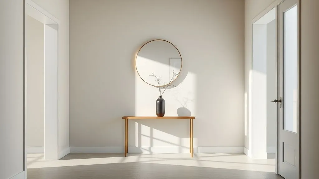 Hyper-realistic 16:9 full view of a minimalist modern entryway, slim console table, single vase, neutral walls, simple mirror, uncluttered surfaces, natural daylight creating calm inviting mood.