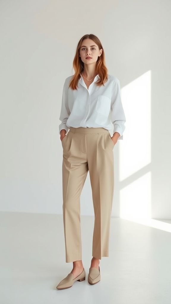 Woman in minimalist beige outfit with tailored details in modern neutral tones.