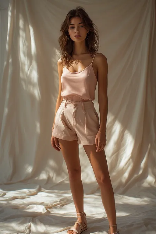 Monochrome summer outfit in blush tones styled with minimalist accessories.