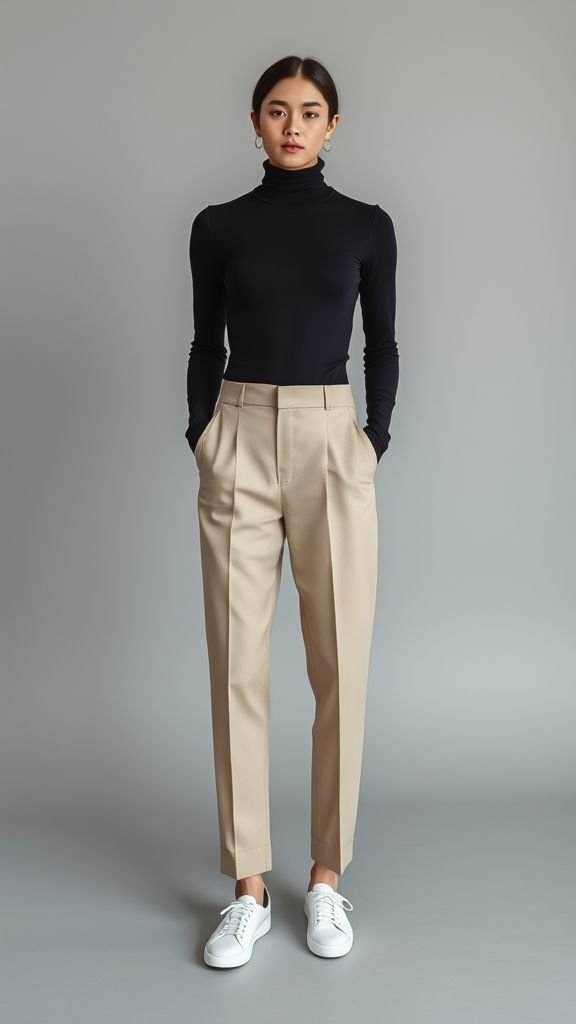 Outfit Ideas: Chic Looks for Every Season and Occasion 11 Minimalist outfit with black turtleneck, beige trousers, and white sneakers