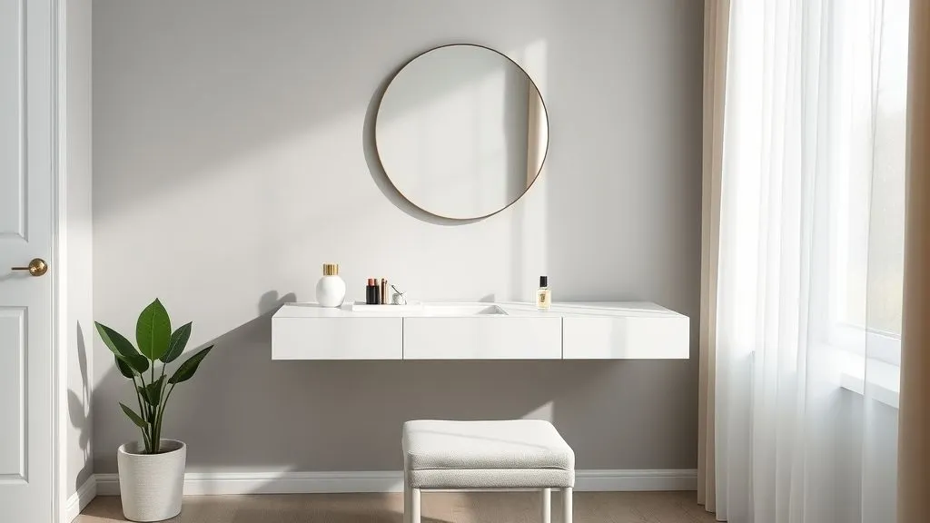 Vanity Decor Ideas for a Stylish Home 2 Minimalist vanity in 16:9 full view with clean lines, soft neutral tones, and minimal makeup styling.