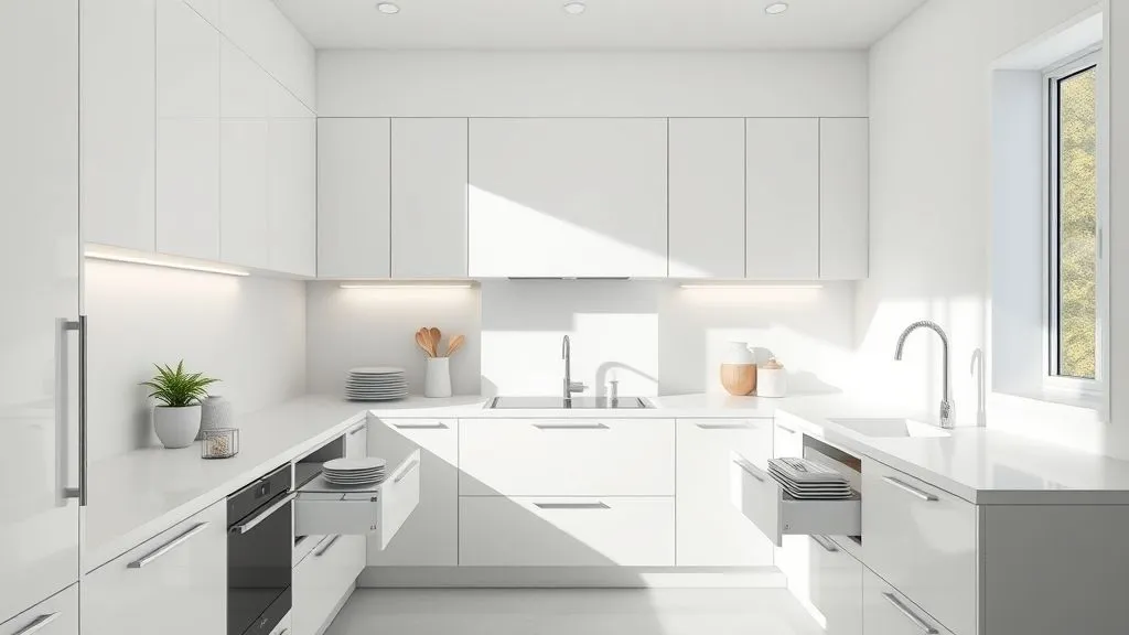 Kitchen Organization Ideas for a Clean and Functional Space 2 Minimalist white kitchen with hidden pull-out storage, bright lighting, and sleek cabinetry.