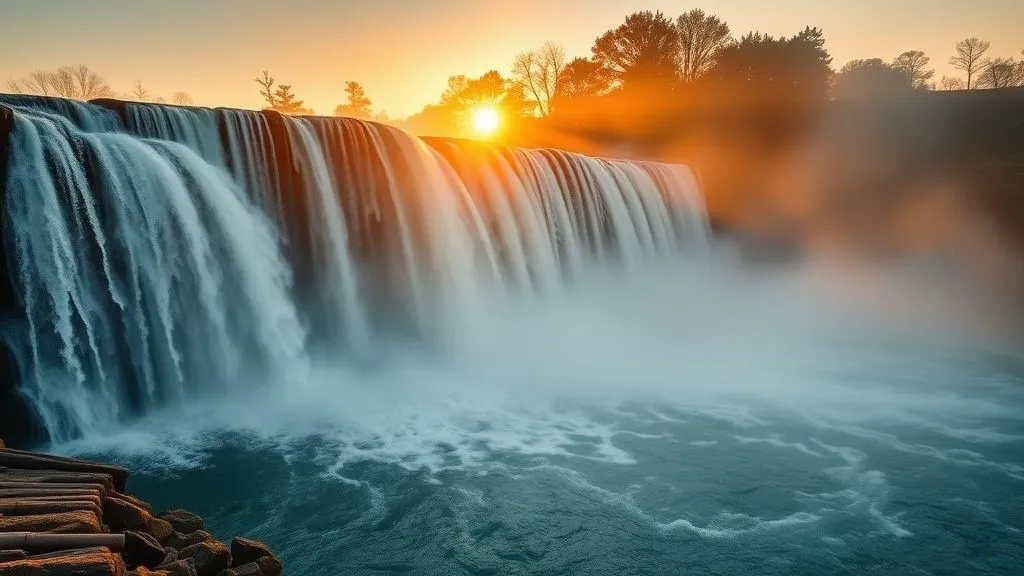 Beautiful Nature Ideas with Waterfalls 5 Waterfall glowing in golden sunrise mist surrounded by soft morning light and trees.