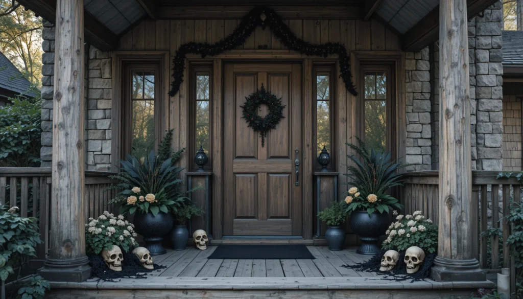 Halloween Porch & Outdoor Decorations 7 Halloween porch mixing rustic wood accents with gothic black lace and lanterns.