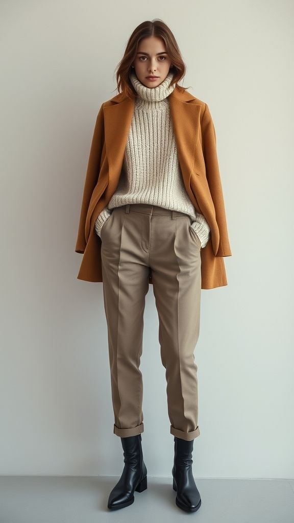 Effortless Neutral Outfits Ideas 11 Layered neutral outfit combining cream sweater, taupe trousers, and camel coat