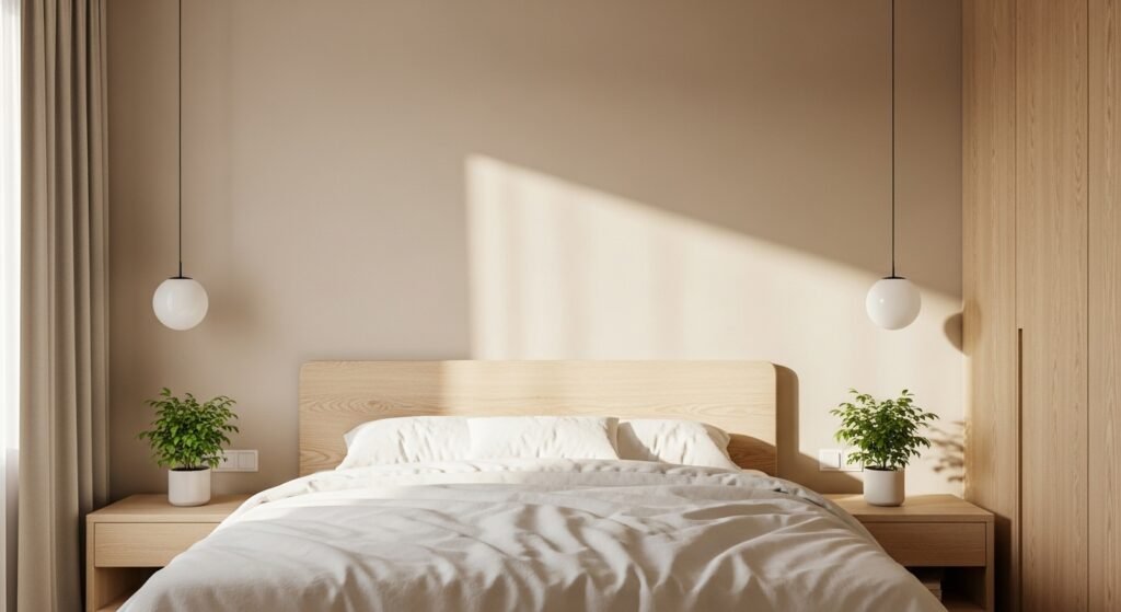 16 Dreamy Plant Lover Bedroom Ideas to Inspire Natural Decor 2 Minimal bedroom with soft beige tones, white bedding, and small potted plants on nightstands.