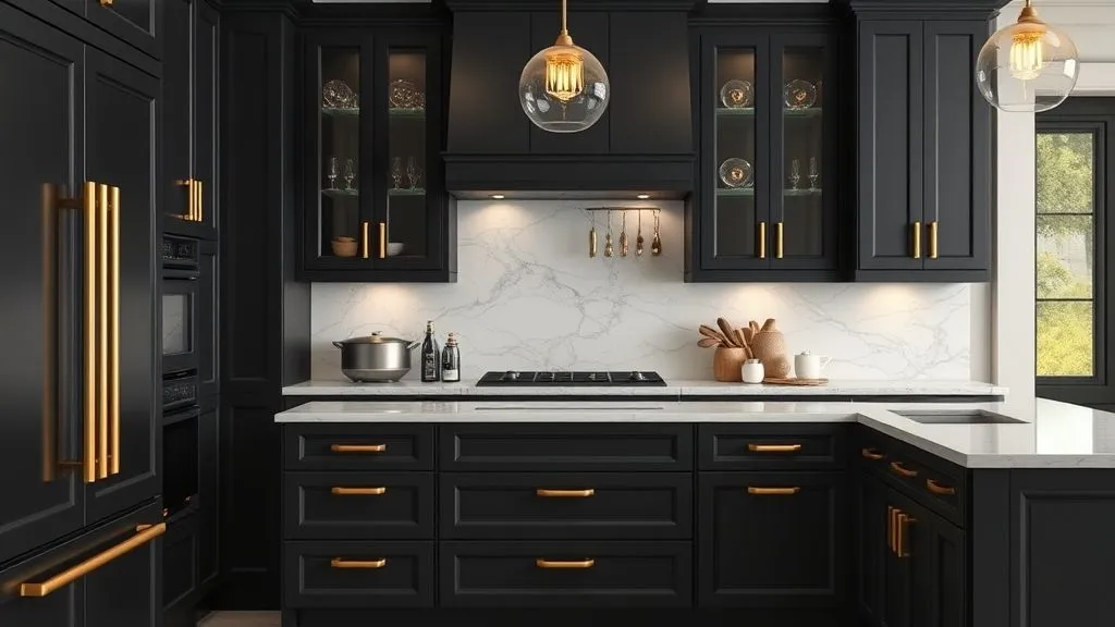 Kitchen Organization Ideas for a Clean and Functional Space 5 Modern black and gold kitchen with organized drawers and luxury finishes.