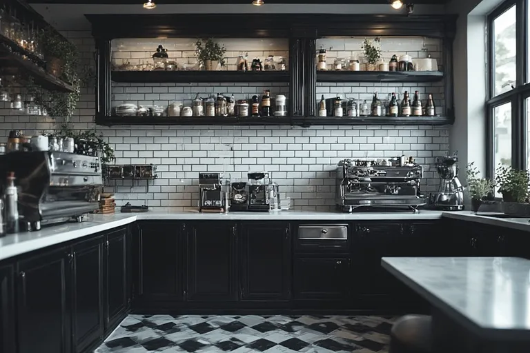 Cozy Coffee Bar Ideas for Every Home 10 Modern black and white coffee bar with sleek cabinets and chrome espresso machine.