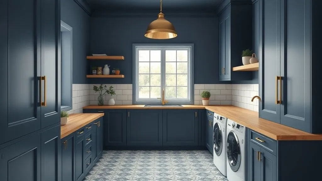 Modern navy blue laundry room with brass accents and patterned tile.