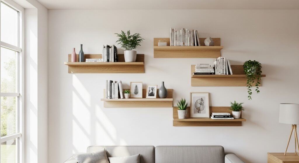 16 Budget-Friendly Living Room Makeover Ideas 13 Modern living room with floating shelves displaying books and decor.