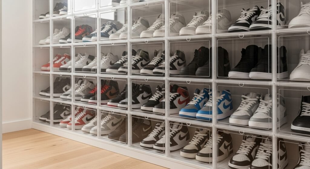 Shoe Storage Ideas for a Stylish and Organized Home 14 Closet with transparent shoe boxes displaying neatly organized footwear.