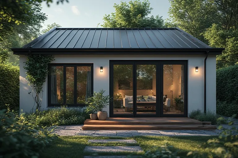 Charming Cottage Ideas for Timeless Comfort 12 Modern white cottage with glass doors, black roof, and minimalist landscaping.