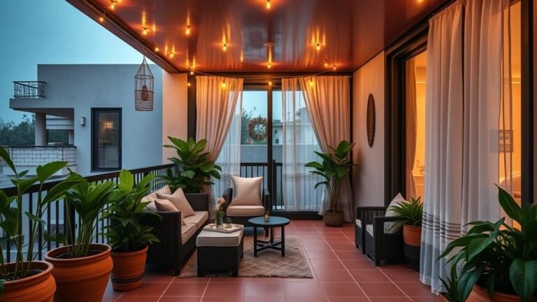 A cozy modern apartment balcony with wooden furniture, warm lighting, potted plants, and a soft pink ceiling creating a relaxing and stylish outdoor retreat.
