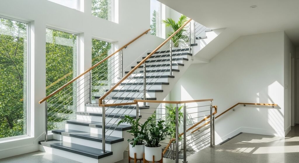 Creative Staircase Transformation Ideas 1 Modern staircase with white and gray painted steps in a bright minimalist home.