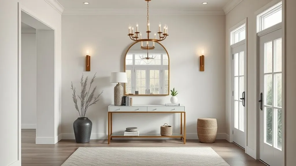 Full view of a modern entryway with console table, mirror, and clean neutral design.