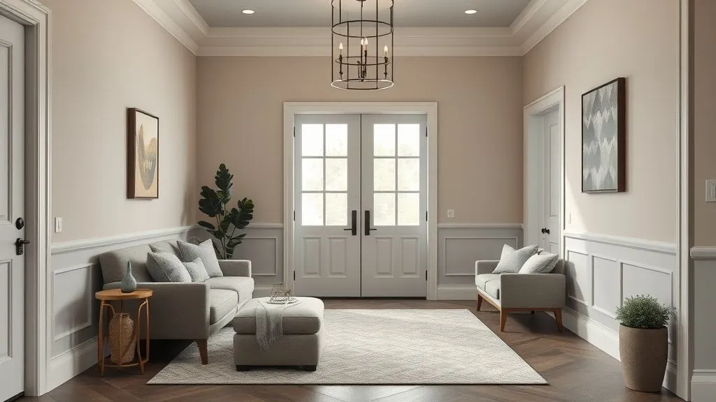 Modern entryway with upholstered bench and stylish seating area.