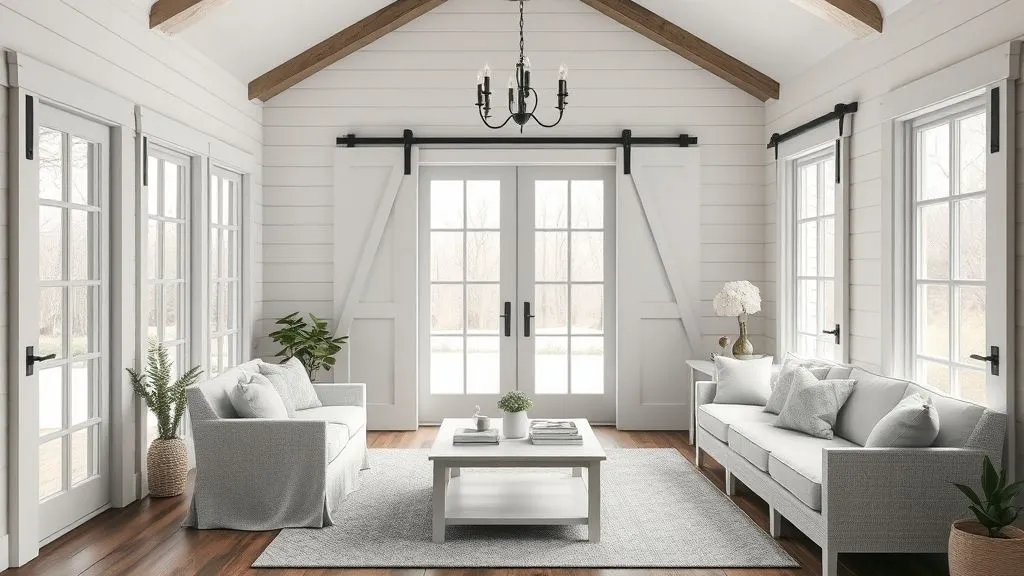 Bright & Cozy Sunroom Ideas 10 Modern farmhouse sunroom with shiplap walls, white décor, and rustic accents.