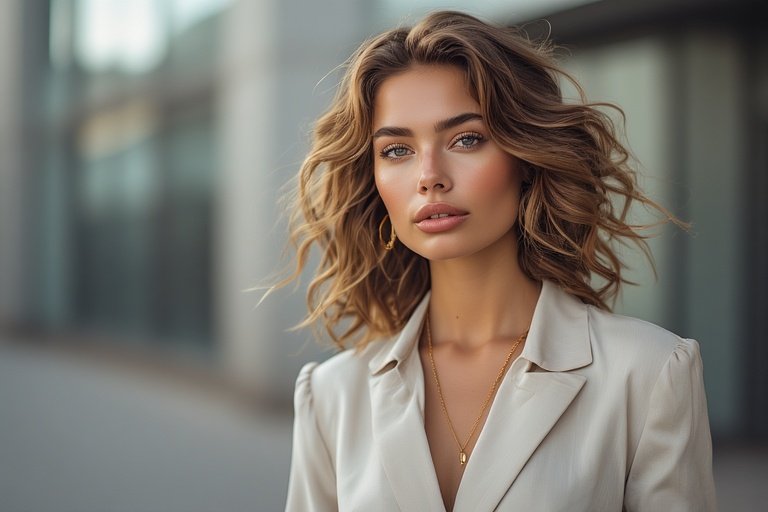 Modern woman with soft waves and chic fashion outfit showcasing a stylish everyday hairstyle.