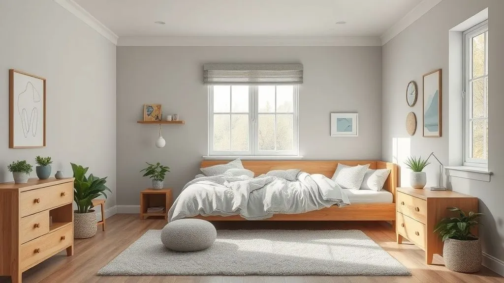Modern gender-neutral kids room with gray tones, wooden furniture, and cozy rug.