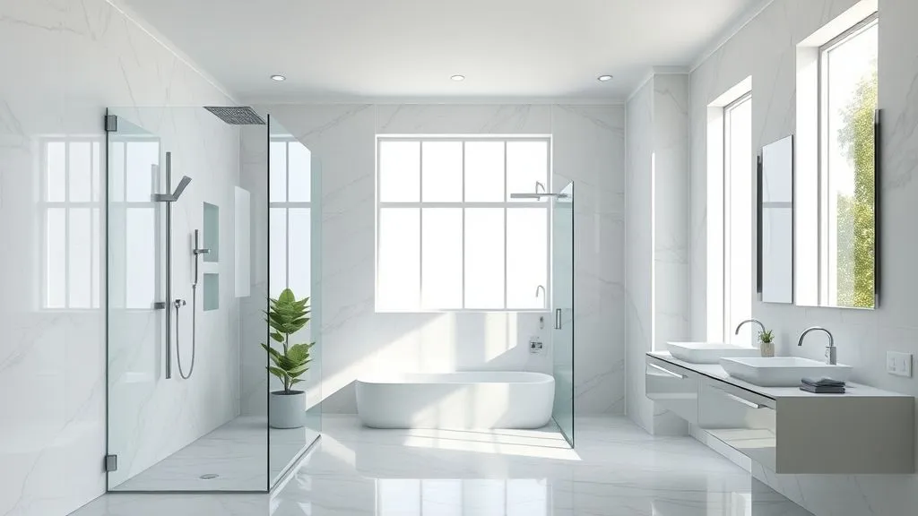Master Bathrooms with Walk-In Showers 2 Modern master bathroom with frameless glass walk-in shower, marble tiles, and chrome fixtures in a bright minimalist design.