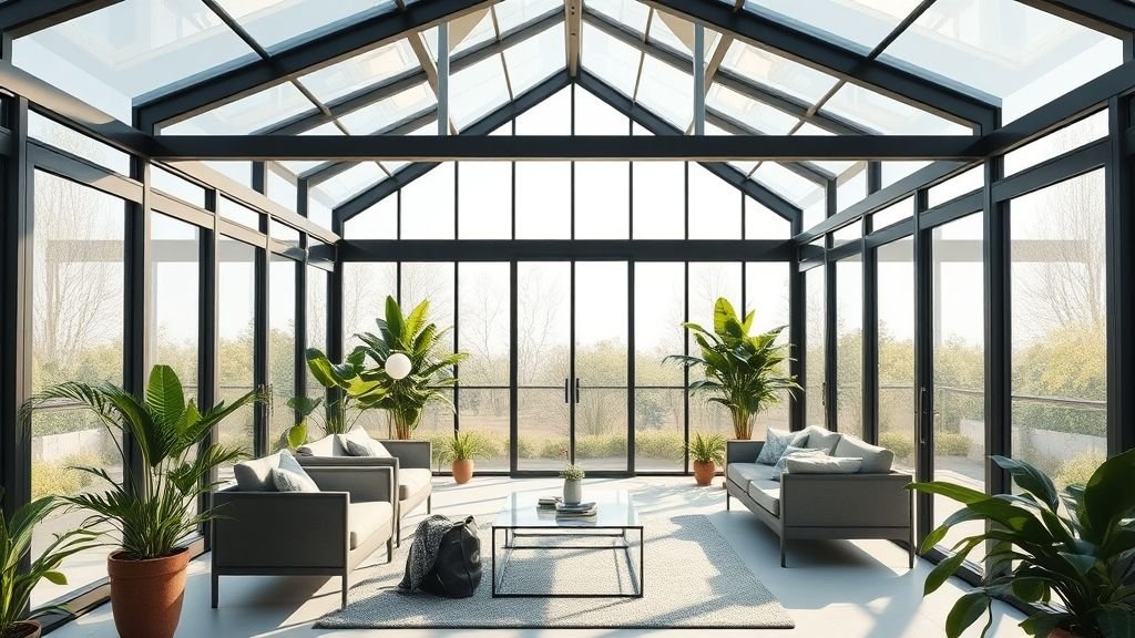 Bright & Cozy Sunroom Ideas 2 Modern glass sunroom with black steel frames, neutral furniture, and greenery bathed in natural sunlight.