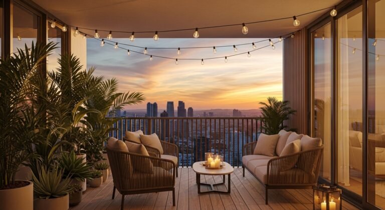 Modern stylish balcony with rattan furniture, string lights, and lush plants overlooking a city sunset.