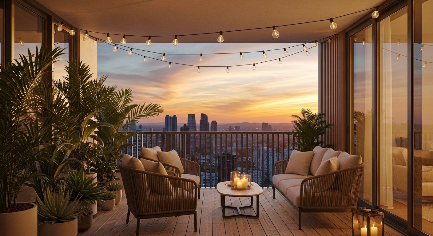 Modern stylish balcony with rattan furniture, string lights, and lush plants overlooking a city sunset.