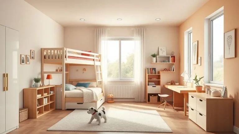 Modern kids room with soft pastel colors, wooden furniture, bright natural lighting, and playful decor accents for a stylish and cozy design.