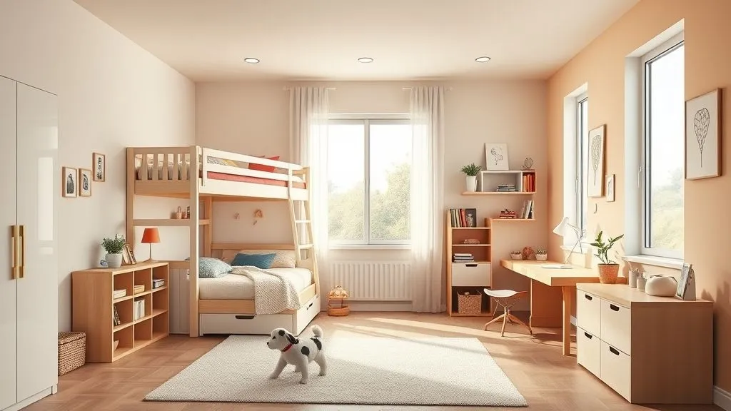 Modern kids room with soft pastel colors, wooden furniture, bright natural lighting, and playful decor accents for a stylish and cozy design.