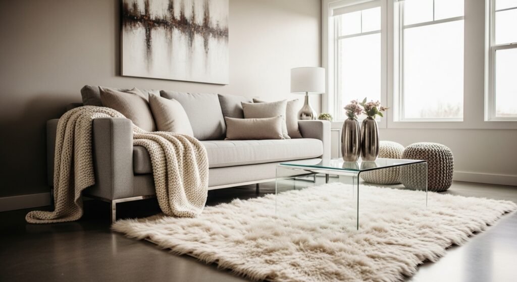 16 Affordable Cozy Home Decor for Modern Interiors 4 Cozy modern room with layered textures, knitted throws, and metallic accents.