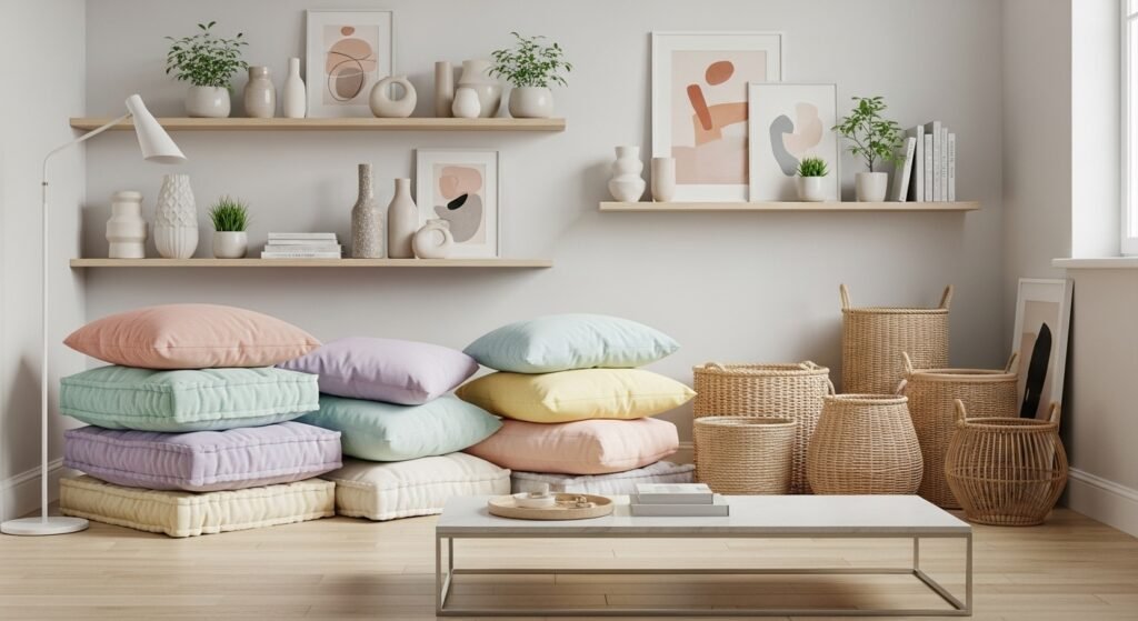 16 Stylish Ideas for Decorating with Comfy Floor Cushions 17 Modern storage display with stacked floor cushions and woven baskets.