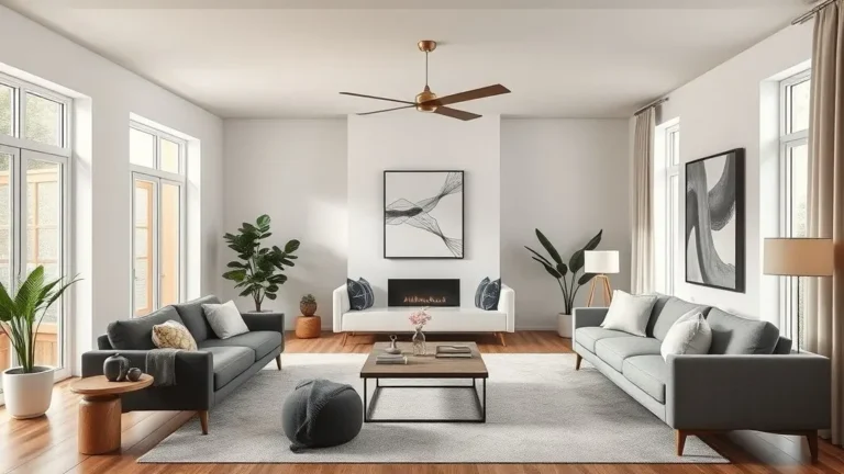 Full view of a modern living room combining minimalist design, bold accents, natural textures, and open layout for every style.