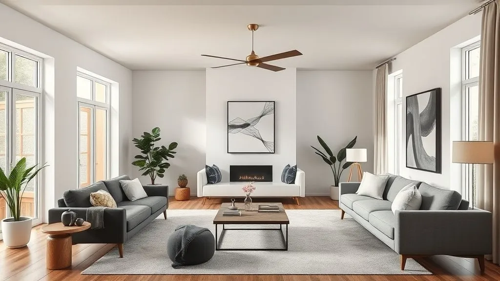 Full view of a modern living room combining minimalist design, bold accents, natural textures, and open layout for every style.