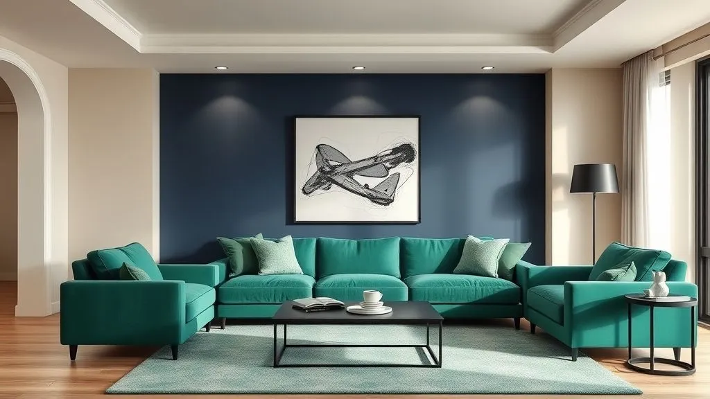Modern Living Room Ideas for Every Style 3 Modern living room with neutral walls and an emerald green sofa centerpiece, navy accent wall, and black side table.