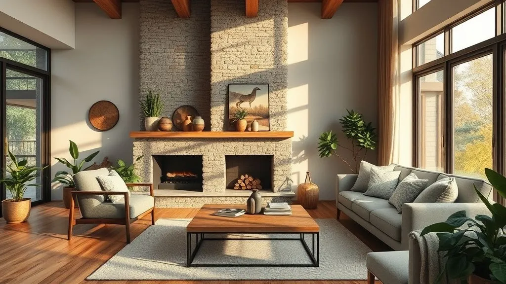 Modern Living Room Ideas for Every Style 5 Modern living room with natural textures including a wooden coffee table, stone fireplace, and indoor plants